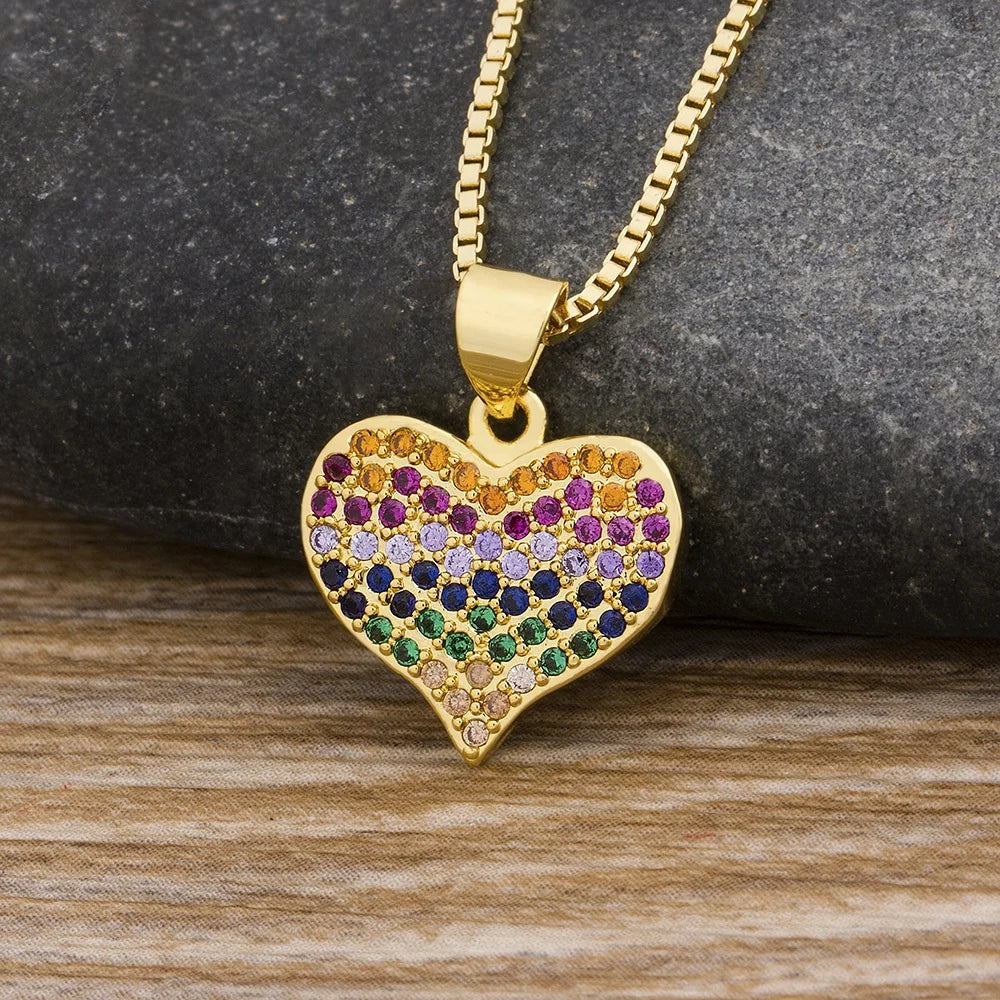 QIKU Wholesale Heart Shape Colorful Rhinestone Pendant Copper Cubic Zircon Necklace Gold Color Jewelry Birthday Gift