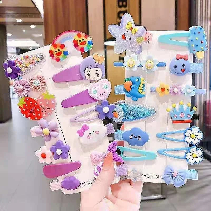 Wholesale 14-Piece Set Korean Style Pink Fancy Fruit and Cartoon Hair Clips for Girls Sweet Metal and Fabric Pin