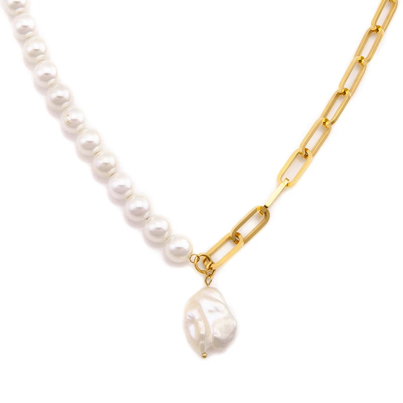 TOP Selling Natural Pearl Gold Plated Chain Link Natural Pearl Pendants Choker  Stainless Steel Necklaces Women Jewelry Gifts