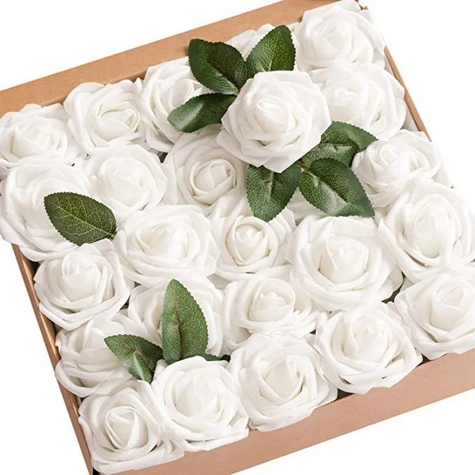 25pcs Ivory Foam Roses with Stems DIY Wedding Bouquets White Bridal Shower Party Tables Decorations Artificial Flowers for Gifts