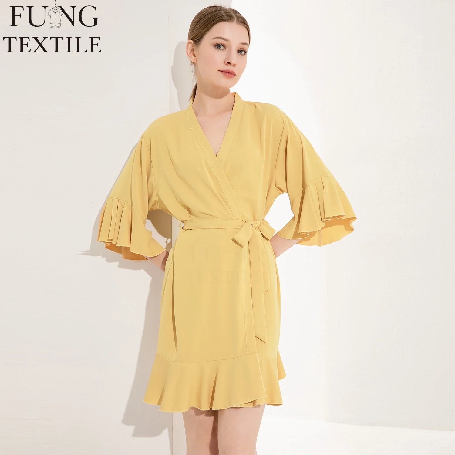 FUNG 6008 Bridal Party Robe Chiffon Satin Ruffle Women Dressing Gown Sleepwear Loungewear