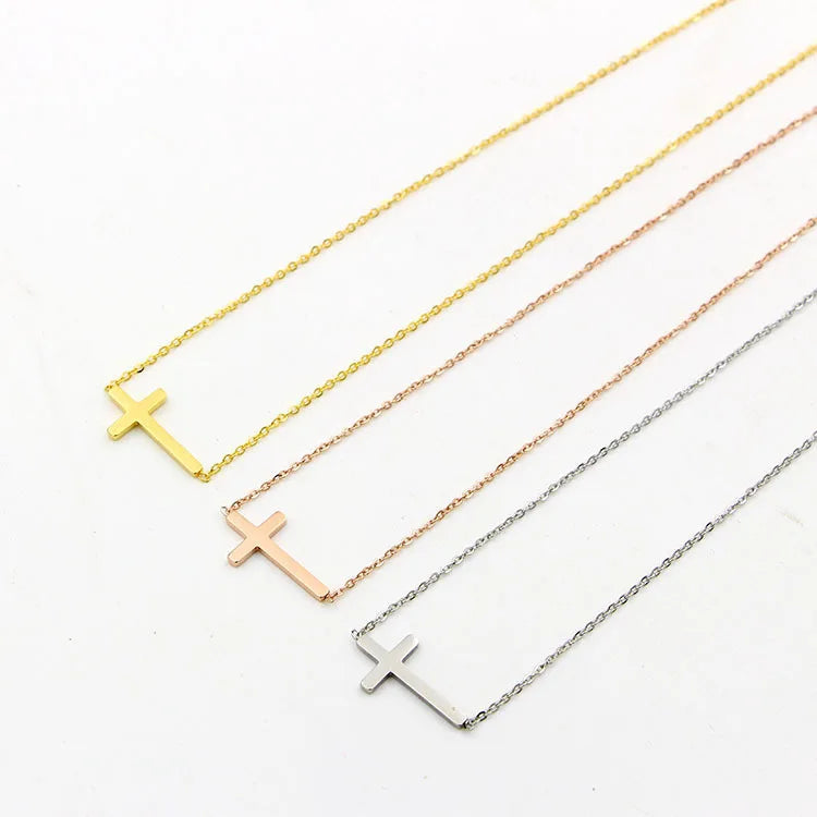 Wholesale Custom 18K Gold Plated Stainless Steel Cross Pendant Simple Fashion Women's Necklace Pearl Women's Chains Necklace