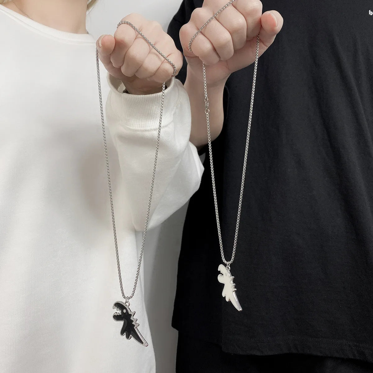 Cute Dinosaur Couple Necklace Lovers Paired Pendants Friends Stainless Steel Neck Chain Hiphop Punk Collar for Men Women Jewelry