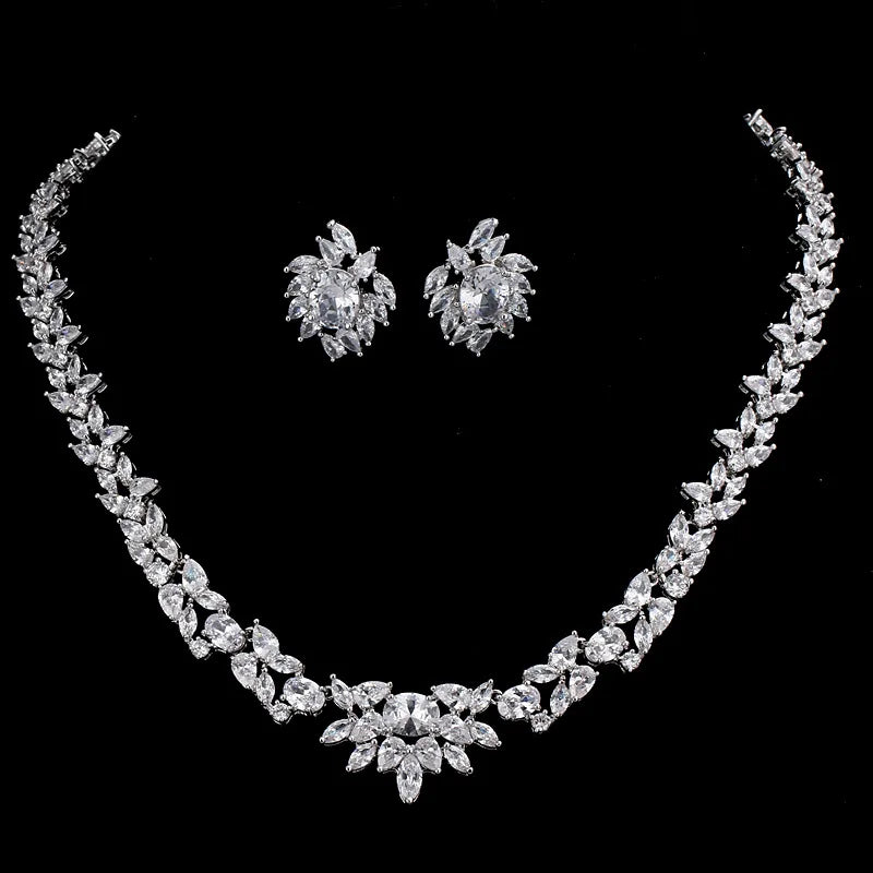 2022 Factory Luxury Crystal Wedding Jewelry Set Shiny Bridal Necklace Earrings Set Flower Zircon Jewelry Set for Women