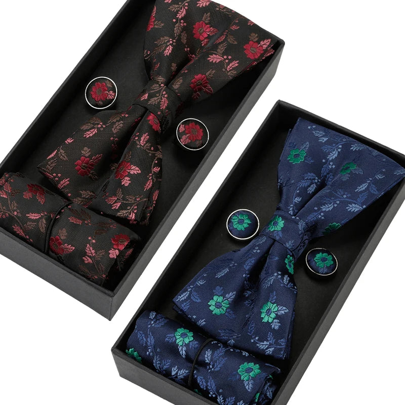 Mens Bowtie Set Fashion Design Red Green Bow Ties Pocket Square Cufflinks Suit Silk Hanky Bowtie Gift Box Sets for Men