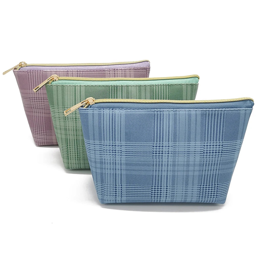 Low Price  Stripe Swallow Gird Pattern Pu Fabric  Pouch for Women   Makeup Bag Vanity Bag Eco