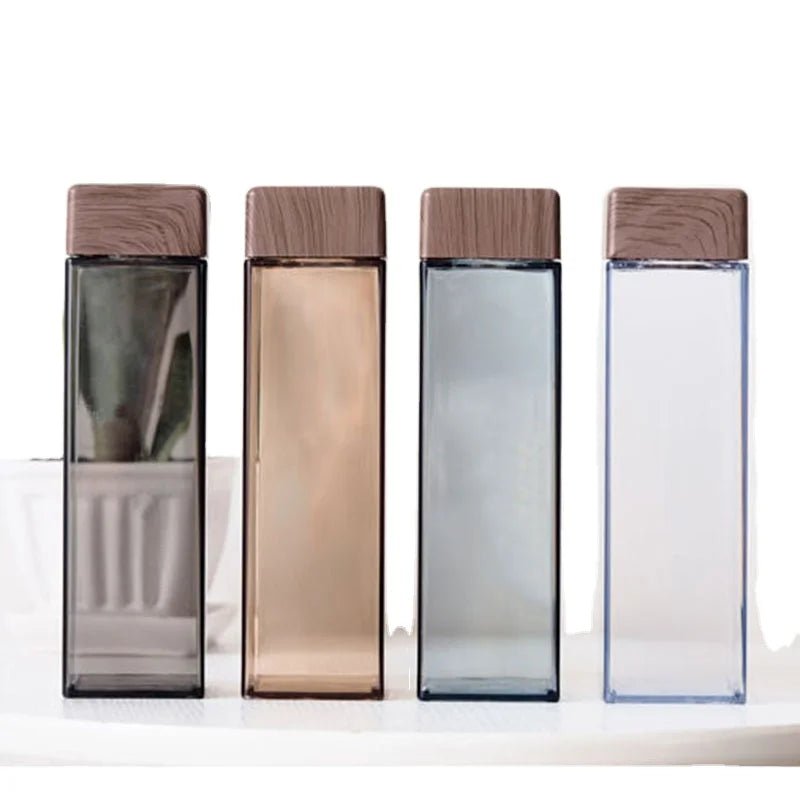 New Arrival 480ML Portable Transparent Plastic Square Water Bottle Square Shaped Water Bottle With Wood Grain Lid