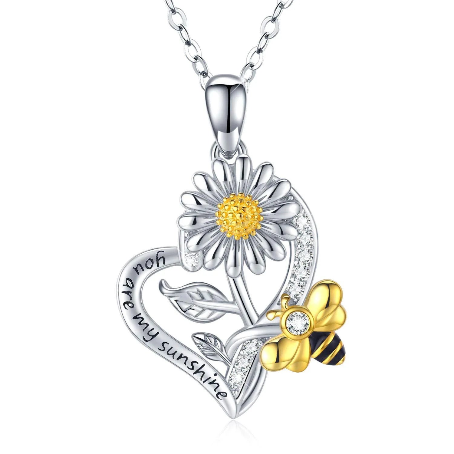 Wish New Engraved Letter Sunflower Necklace Honey Bee Necklace Heart Pendant Necklace for Women