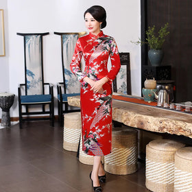 Autumn New Multi-color Hole Pattern Long Cheongsam Satin Large Size Retro Slimming Banquet Team Catwalk Wholesale