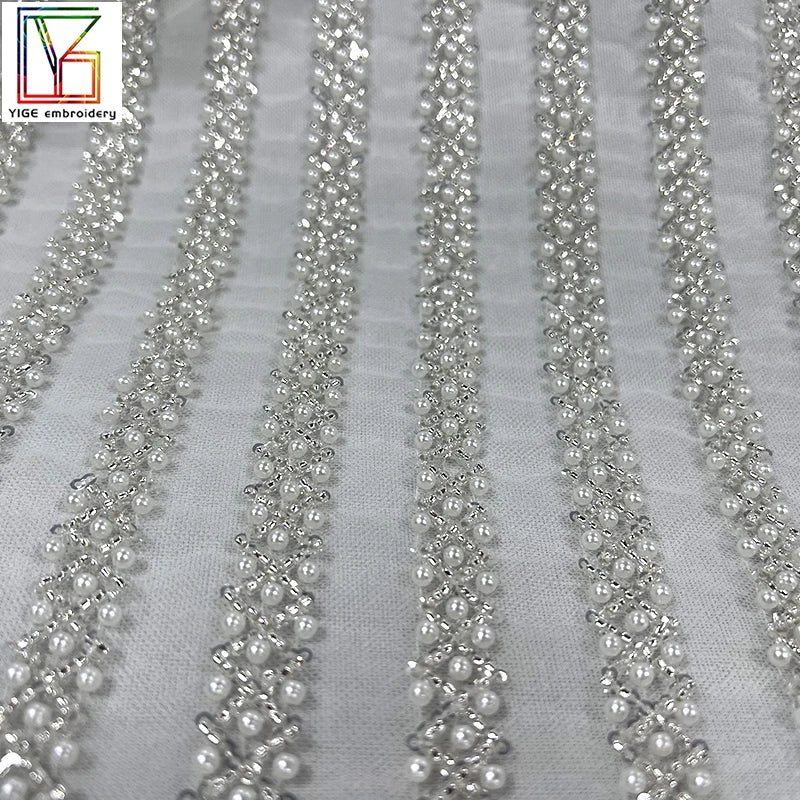 New Sequence Hand Made White Beaded Pearls Embroidery African Dubai Net Tulle Bridal Sequin Lace Fabric for Dress