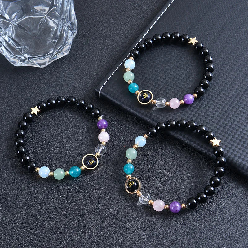 8mm Natural Obsidian Beaded Bracelet 12 Zodiac Couples Bracelet Blue Sandstone Engraved Crystal Bracelet Unisex