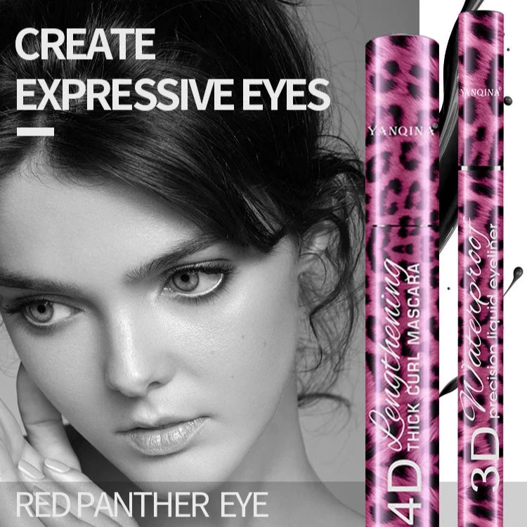 For YANQINA 8836 4D Thick Curl Mascara and Eyeliner Kit Pink Leopard Grain 36h 2in1 Waterproof Long Lasting Mineral Ingredients