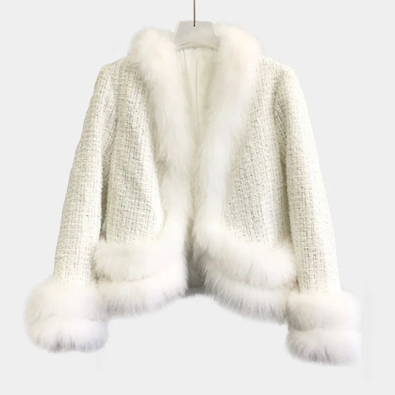 New Fashion Solid Color Real Fox Fur Wool Coat Women Pretty Tweed Coat With Fur