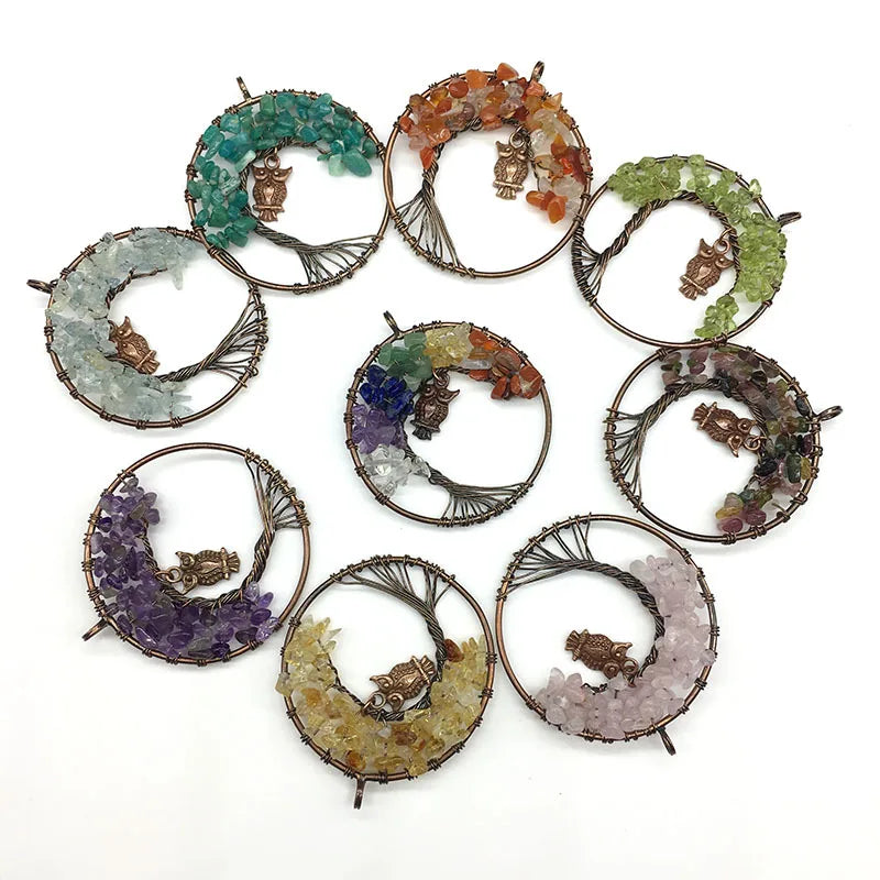 Huiying Natural Stone Tree of Life Necklaces Handmade Pendants Owl Chakra Chip Stones Pendant Men Women Jewelry jewelry MegaBDM