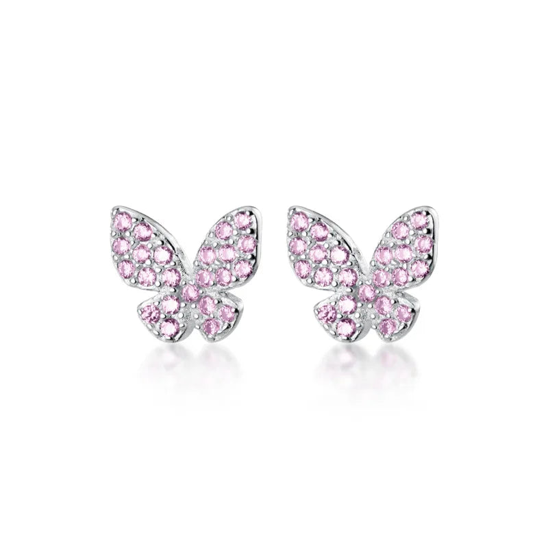 925 Sterling Silver Pink Zircon Butterfly Shape Earings Cute Small CZ Ear Studs Earrings Fashion Jewelry for Women Girls