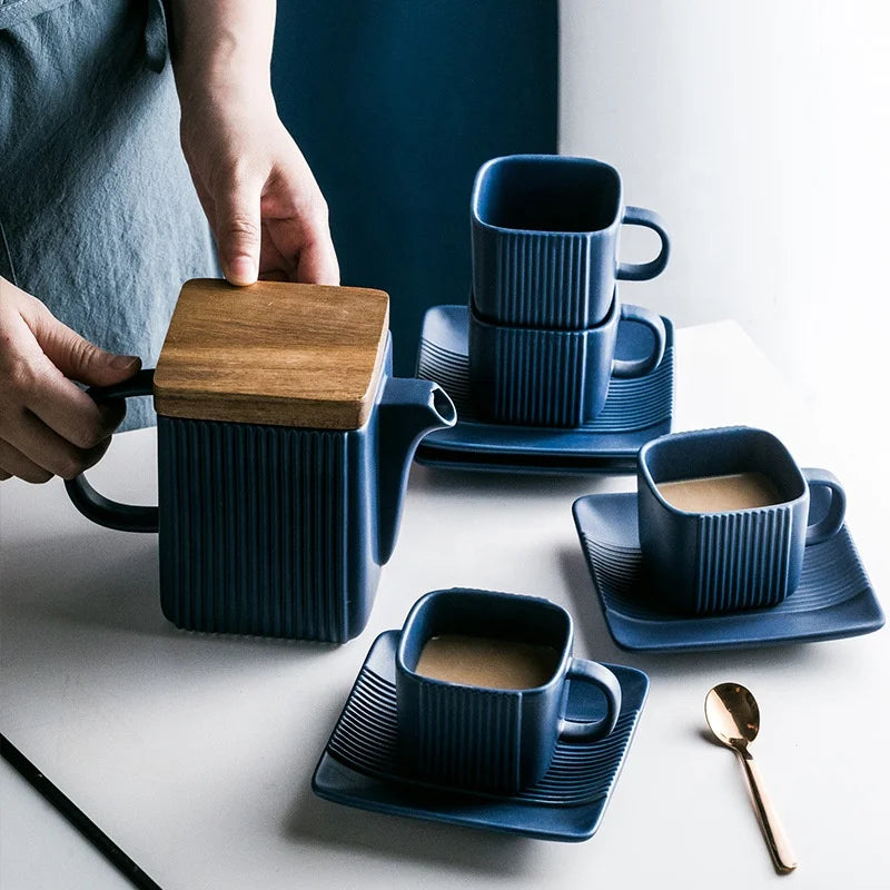 Factory Direct Nordic Afternoon Tea Set Square Straight Grain Acacia Wood Cover Porcelain Coffee Cup Safe and Creative Design
