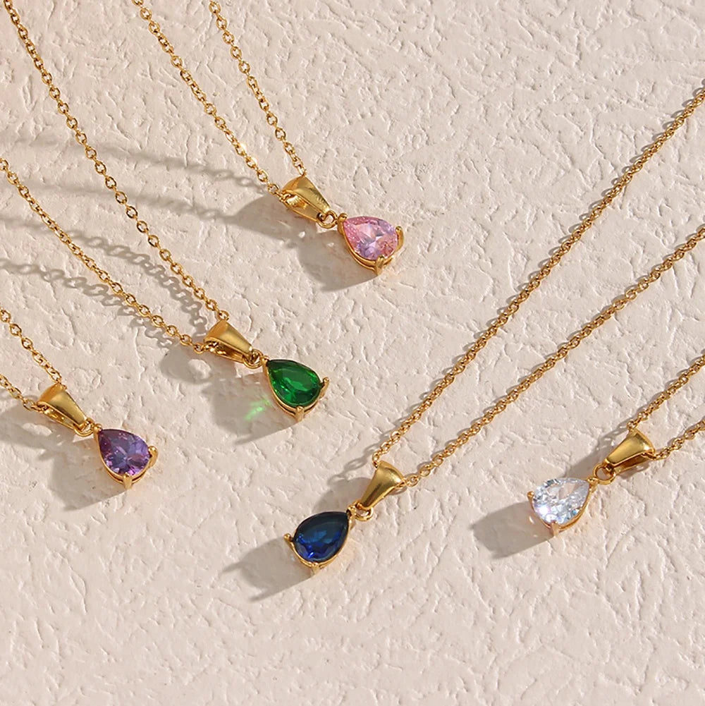 Dreamshow Colorful Water Drop Zircon Necklace Gold Plated Stainless Steel Necklace Design Jewelry