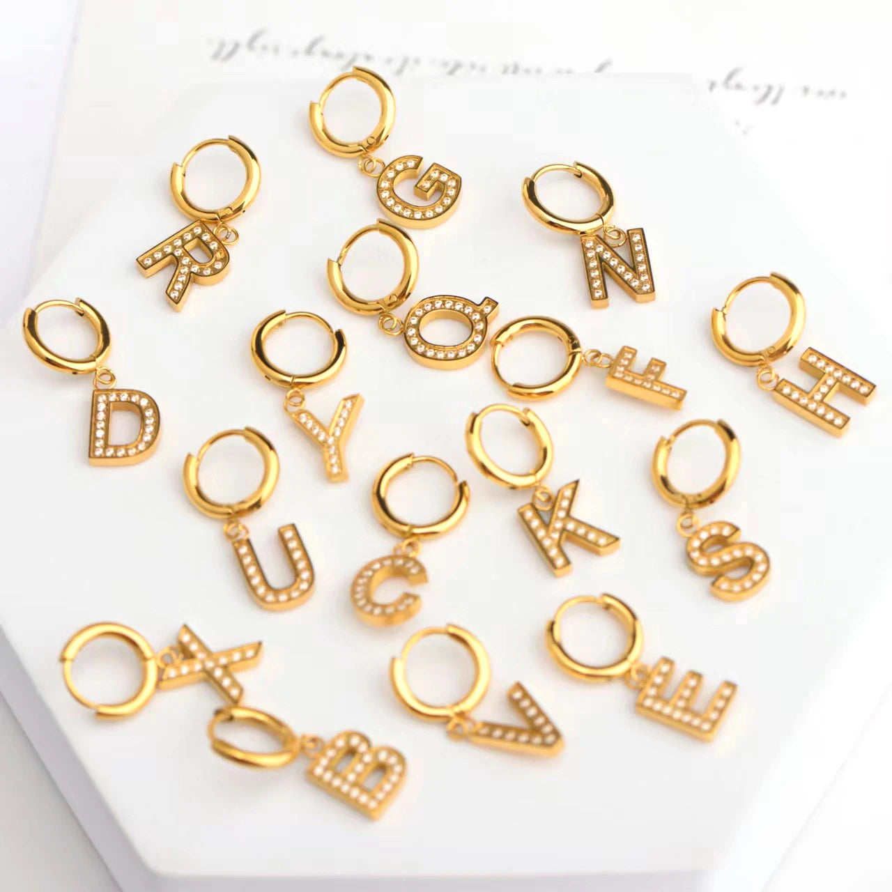 18k Gold Zircon Big English Letter Initial  Drop Hoop Earrings Pendant Dangle Jewelry Accessory