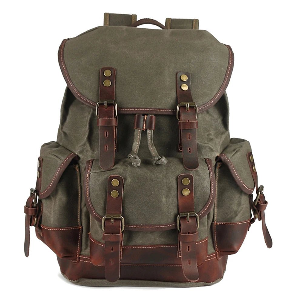 Vintage Large-Capacity Wear-resistant Waterproof Waxed Canvas Backpack for Men Travel Outdoor Activities