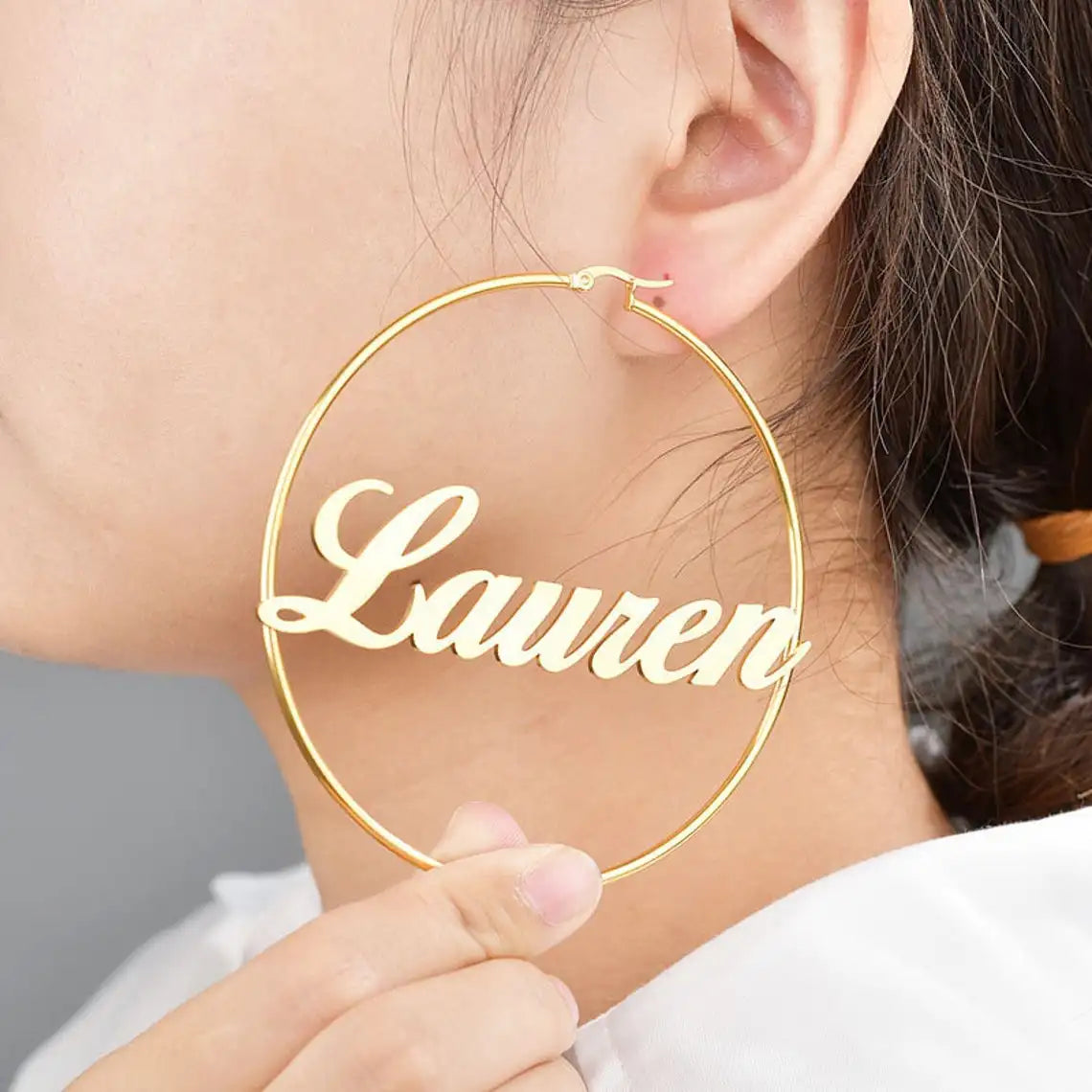 Wholesale Fashion Stainless Steel 18K Gold Custom Name Hoop Earrings for Women Girls Rose Gold Zircon Stones Clip-On Jewelry