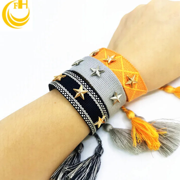 Handmade Cotton Wristband Star Studs Pearl Silver/Gold Plated Eco-Friendly Girls' Fashion Wrap Bracelet for Parties Featuring