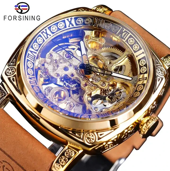 Forsining 2023 New Men Retro Luxury Automatic Mechanical Transparent Skeleton Tourbillon Genuine Leather Waterproof Watch Gift
