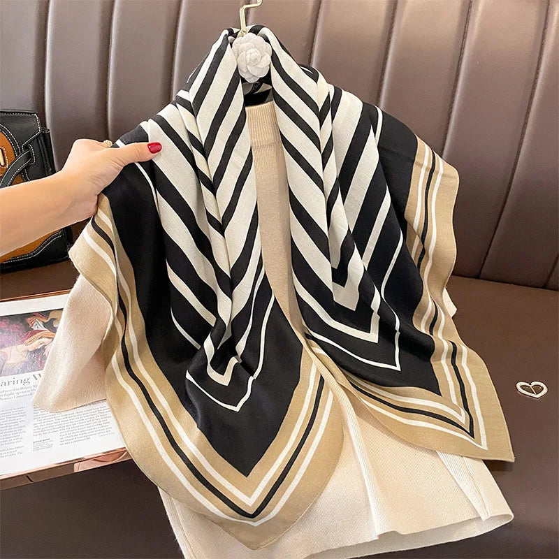 Newest Arrival Luxury Designer 90*90cm Cotton Feelings Bandanas Headscarves Fashion Striped Printed Neckerchief Square Scarf