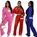 Women Cropped Zipper Hoodie Velour Tracksuits Velvet Set Two Piece Casual Tracksuit Sweatsuit Custom Logo 2 Piece Women'S Sets