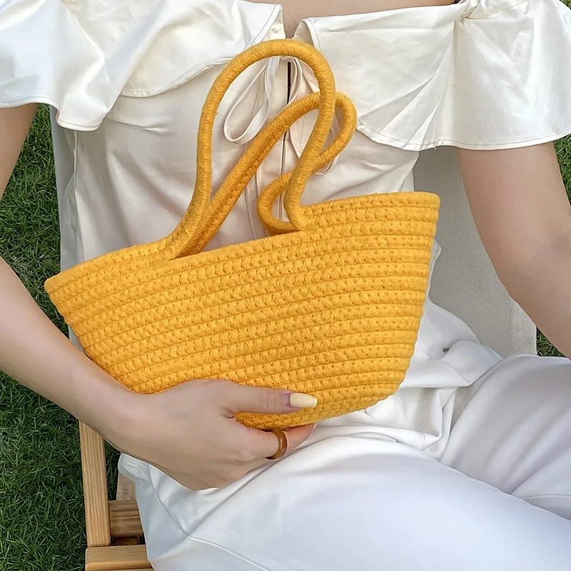 Women Summer Straw Beach Bag Woven Purse Handmade Cotton Mini Clutch Tote Handbag