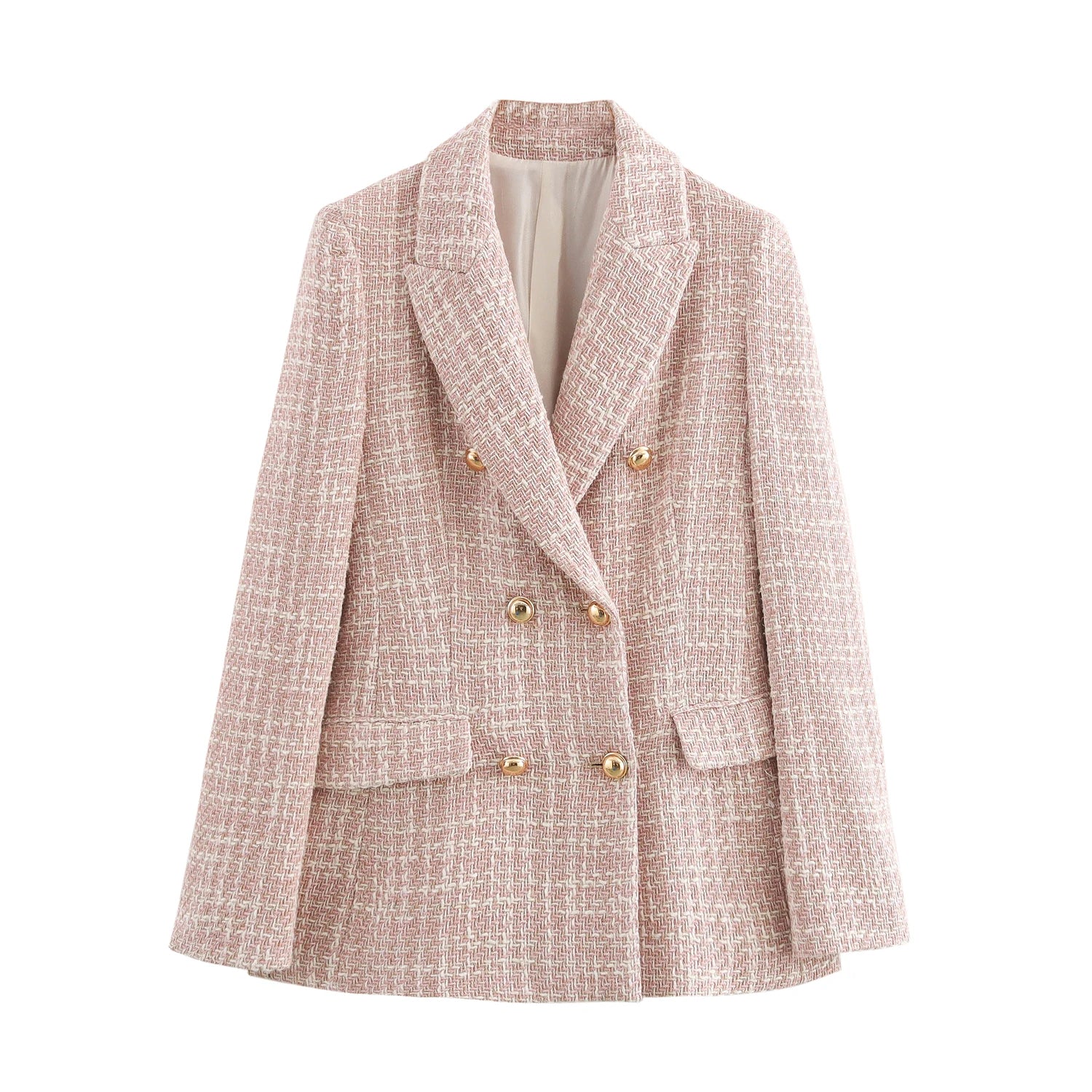 KP&ZA  Women's Chic Vintage Double Breasted Blazer Coat Long Sleeves Flap Pocket Tweed Outerwear Button Fashionable  Solid Print
