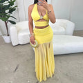 Summer Hot Sale Women Sleeveless Deep V Neck Hollow Out Crop Top Mesh See Through Long Skirt Women Two Pieces Skirt Set
