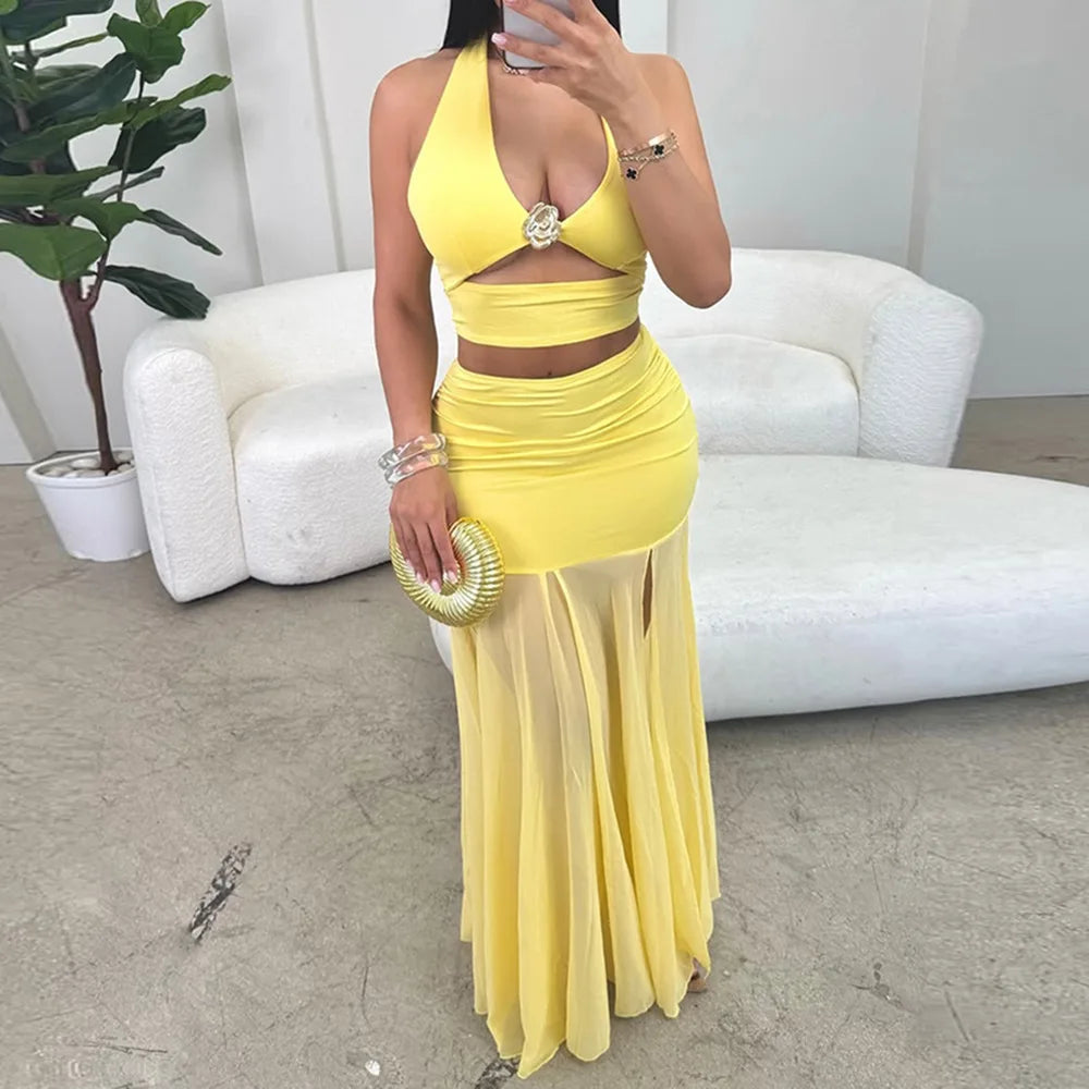 Summer Hot Sale Women Sleeveless Deep V Neck Hollow Out Crop Top Mesh See Through Long Skirt Women Two Pieces Skirt Set