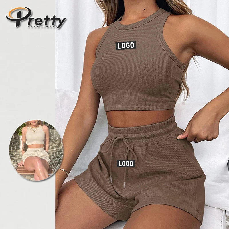 2024 New Arrival Custom logo 2-piece Summer Waffle Sleeveless Vest Solid Suit Fashion Casual Fitness Set for Women