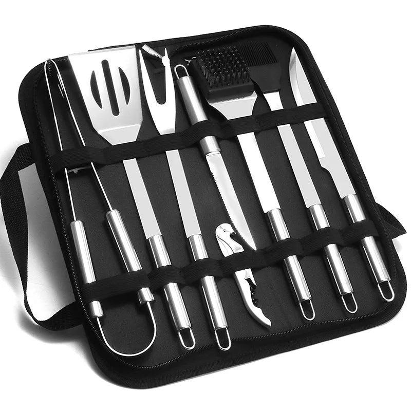 8pcs/set Stainless Steel BBQ Utensils Outdoor Barbecue Must-Haves Grill Fork Frying Spatula Food Clip Oil Sweep Brush Metal