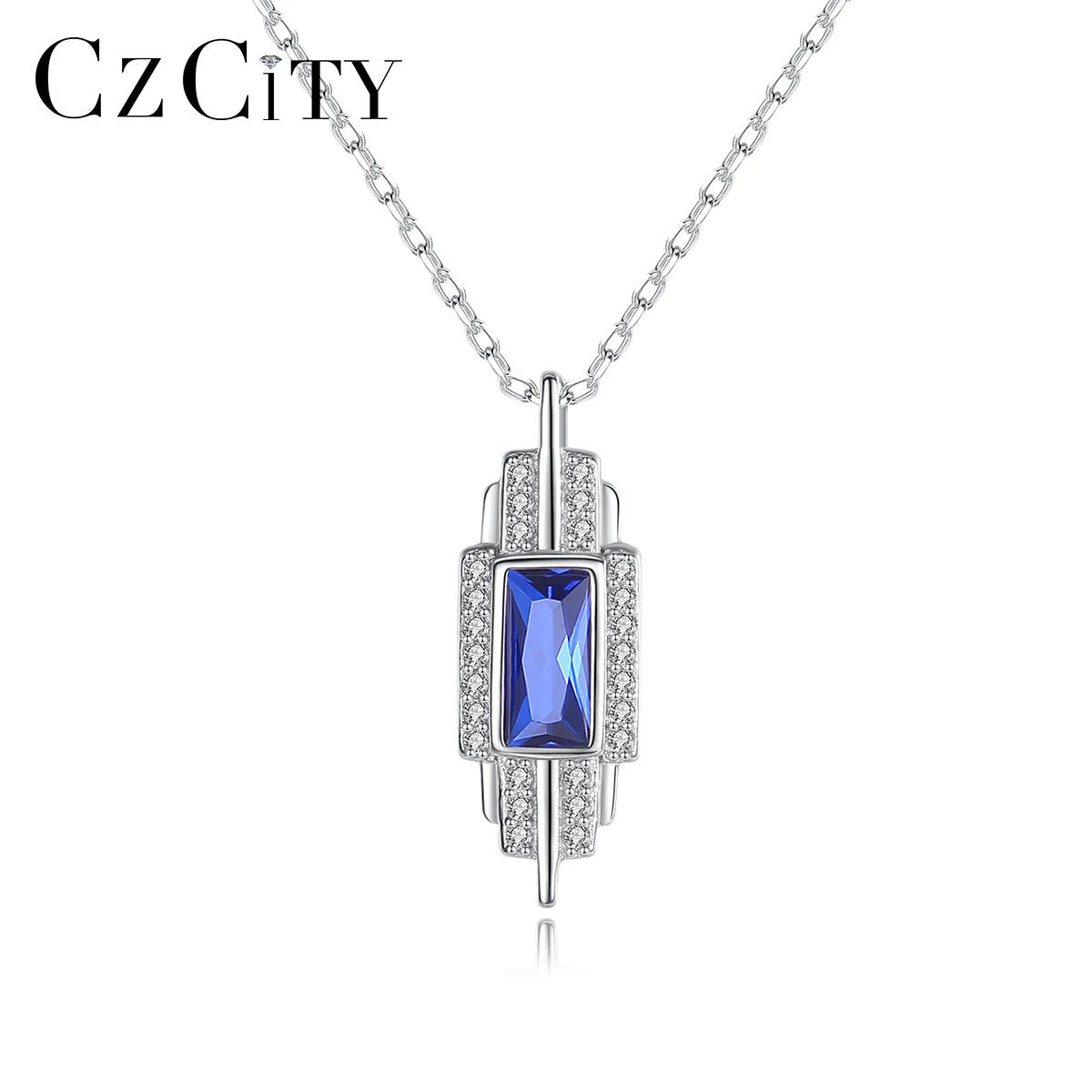 CZCITY Princess Cut Square Sapphire Zircon Choker Blue Topaz Diamond 925 Sterling Silver Pendant Necklaces