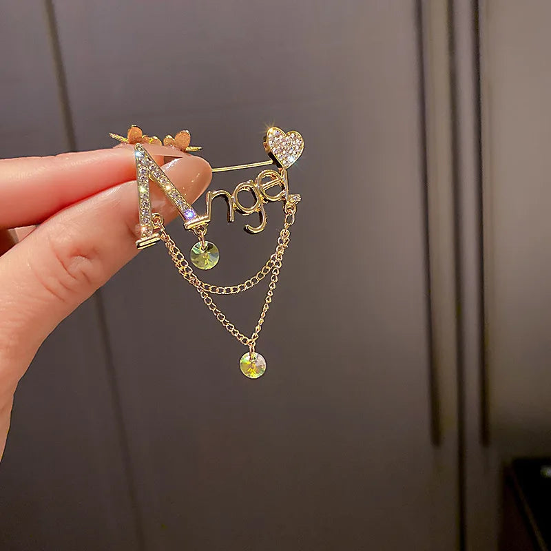 Go Party Trendy Luxury Crystal Rhinestone Letter Tassel Brooches Fashion Clothing Accessories Simple Angel Brooches Scarf Pins
