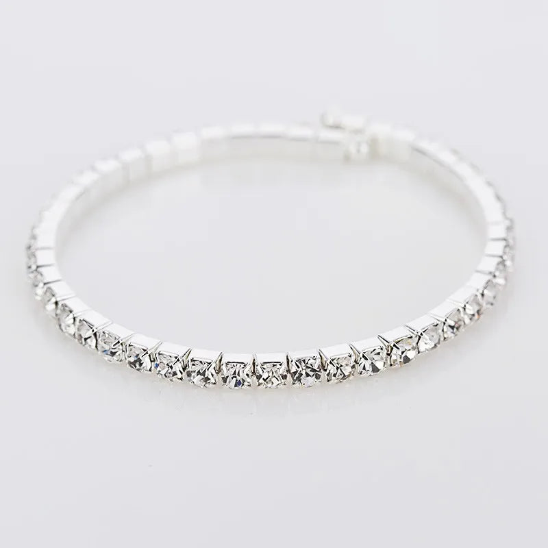 Hot Sale Single Row Silver Plated Rhinestone Cuff Bracelet Delicate 4mm Crystal Glass Stone Chain Fashionable Jewelry Metal Wire