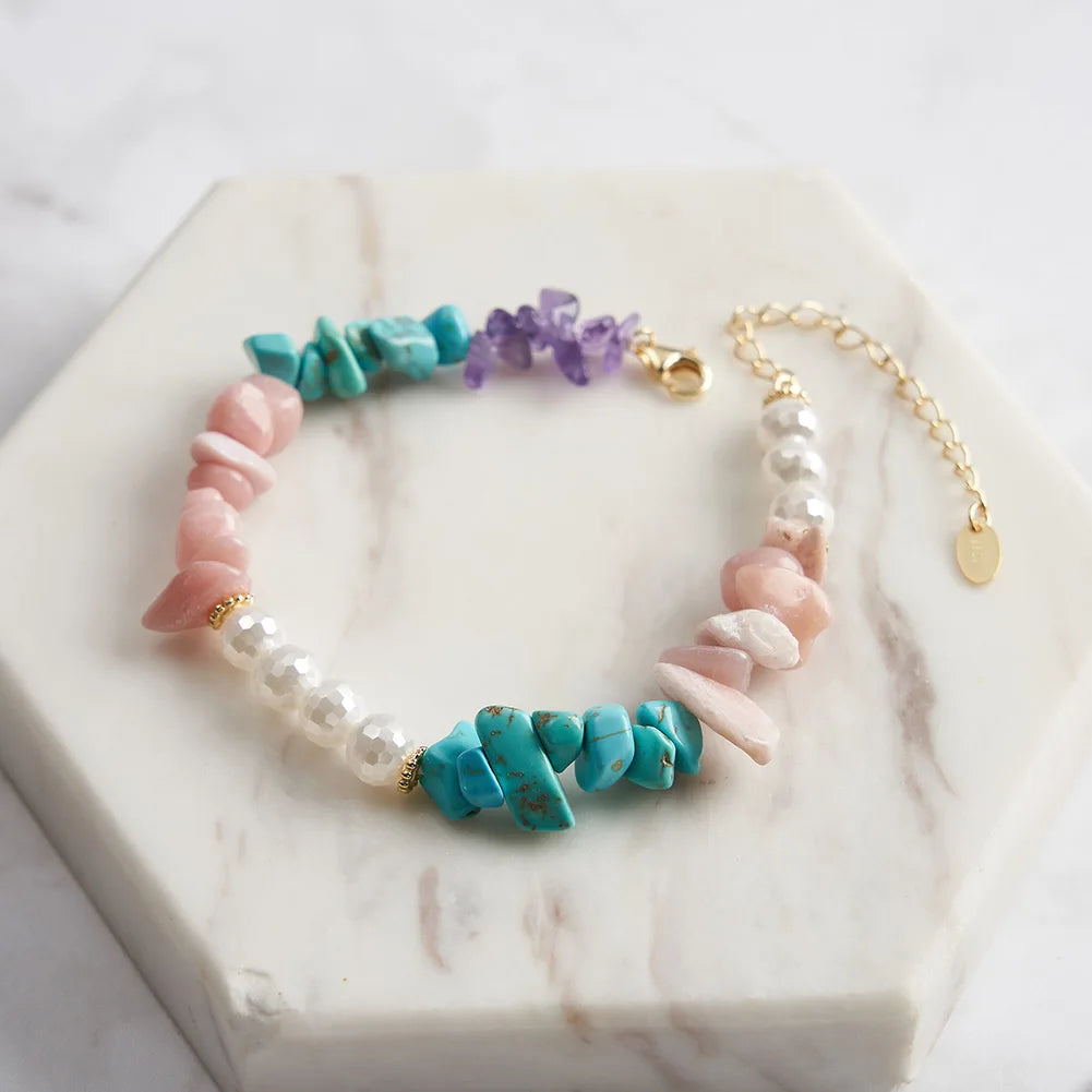 RINNTIN GMB60 Wholesale Natural Stone Colorful Irregular Crushed Stone Bracelet Turquoise Opal Pearl Bracelet for Women