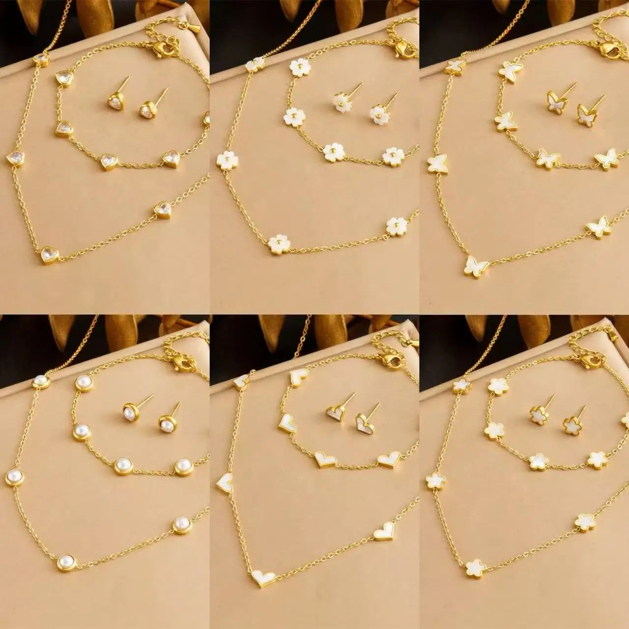 Women's 18K Gold-Plated Stainless Steel Jewelry Set Heart-Shape White Shell Flower Necklace Bracelet for Wedding Engagement