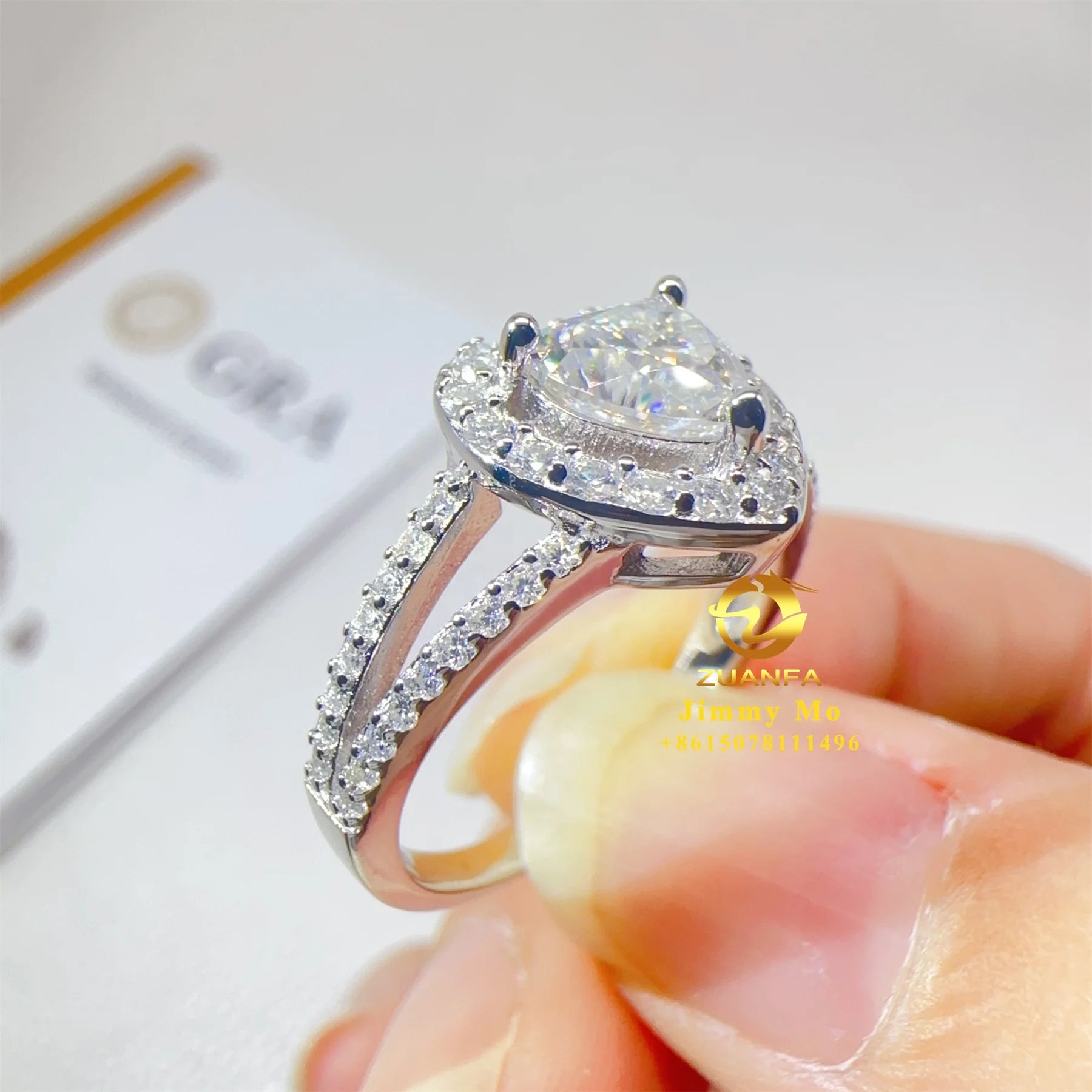 GRA Certificates Elegant White Gold Plated 925 Solid Silver 1ct VVS1 Heart Moissanite Diamond Engagement Ring Women