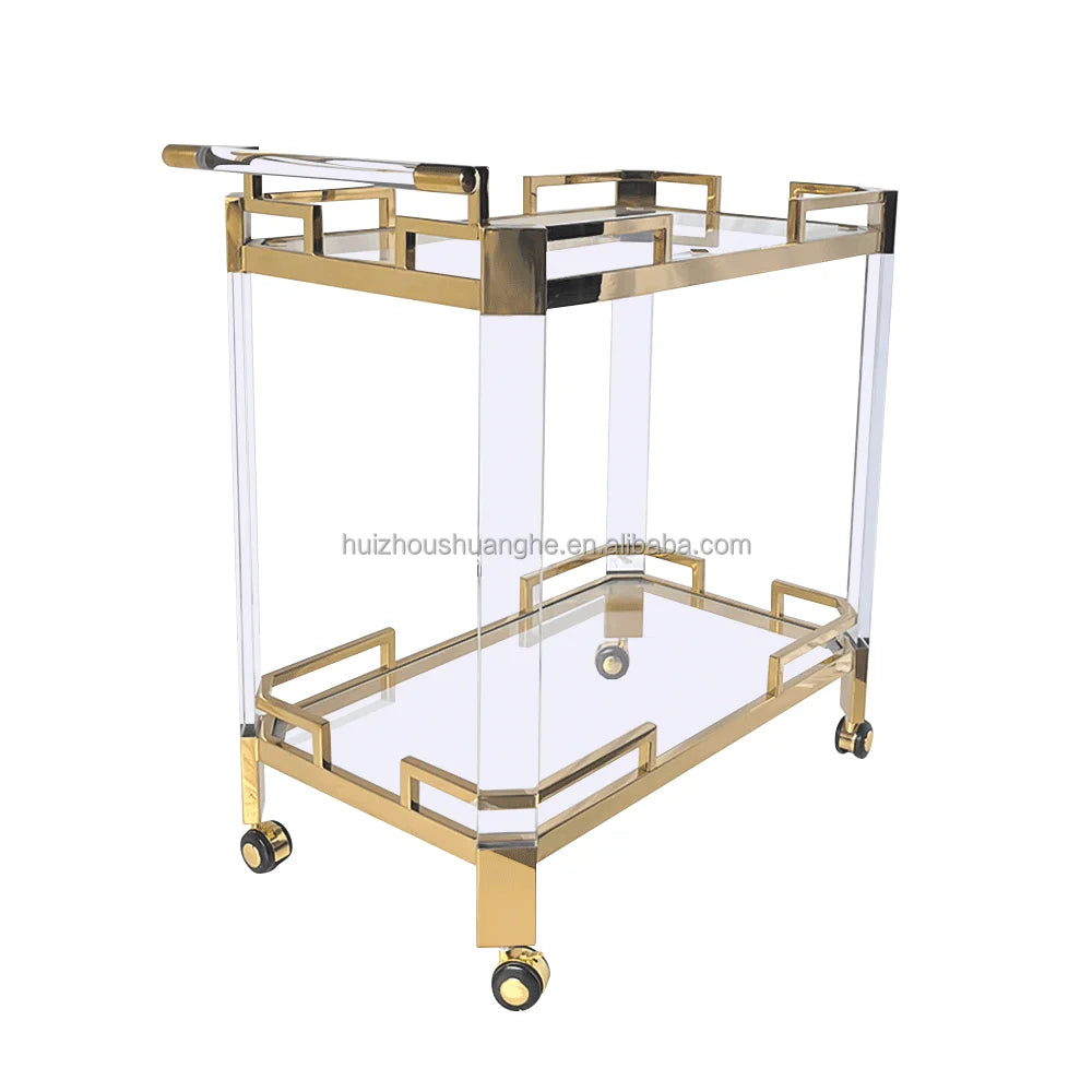 Factory Wholesale 2-Layer Stainless Steel Acrylic Service Trolley Gold Car 2-Level Restaurant Bar Dining Kitchen Living Room