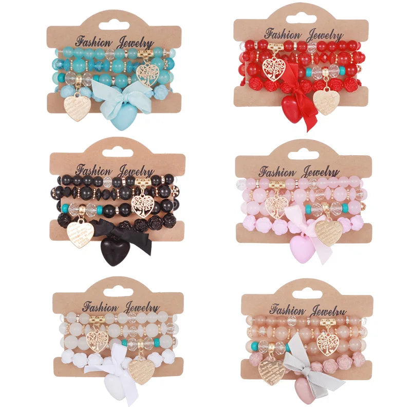 Bohemian Multilayer Round Beaded Bracelets Set Bowknot Heart Hollow Tree Pendant Bracelets for Woman