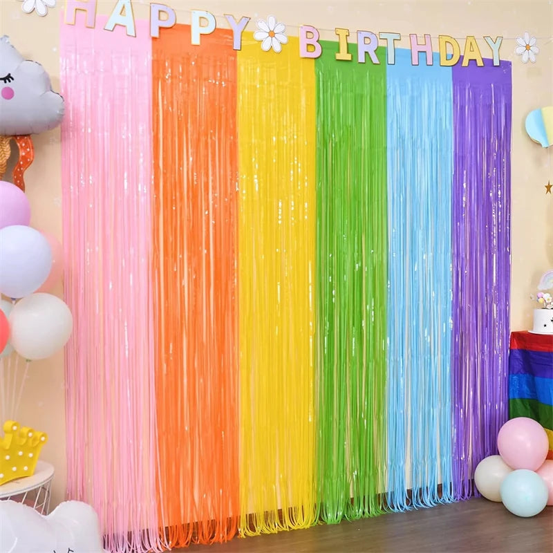 Pastel Rainbow Foil Fringe Curtain Streamers Party Wall Decorations for Weddings Birthdays Tinsel Shimmer Party Decorations