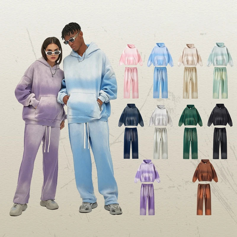 Hoodie Manufacturer Men's Solid Color 360GSM Heavyweight Acid Wash Faded Vintage Hoodie Set Casual Unisex Sweatsuit