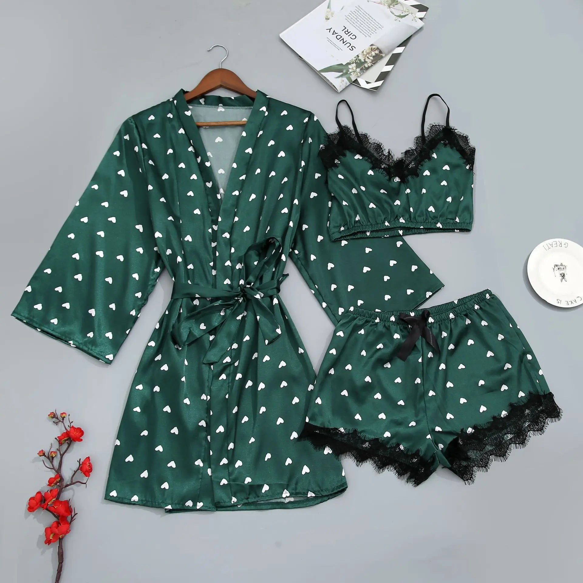 Pajamas 3 Piece Set Love Print Large Size Lounge Wear Sexy Lingerie Robe Sets Women's Sleepwear