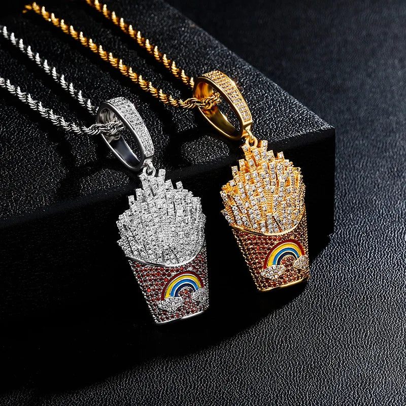 Top Icy Fashion Trend Gold Plated French Fries Pendant with Diamond Colorful CZ Pendant with Rope Chain for Men Women
