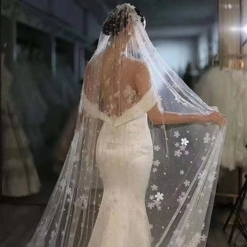 Bridal 3d Flower Embroidered Floral Pearls Ivory Lace Elegant Wedding Veils