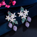 Creative Unique Design Purple Green CZ Crystal Long Drop Earrings for Women Engagement Party Bohemian Plant Jewelry