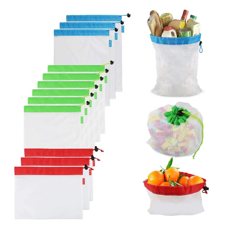 ECO-Friendly Safe Mesh Bags Sets for Fruit Veggies Shopping Mesh Storage Bag With Drawstring Reusable Mesh Produce Bags