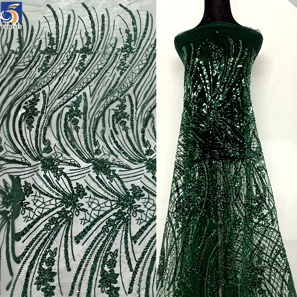 YX1173-1 200gsm Cheap Knitted Embroidery Africa Sequin Lace Fabric Decorated With Sequins Mint Green Lace Fabric 1 Yard OEM